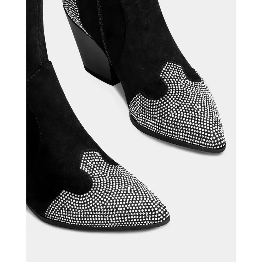 Women Black Suede Polyurethane (PU)Black Thigh High Pointed Toe Chunky Heel Boot